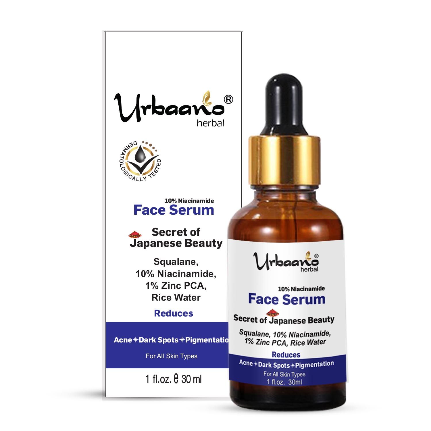Urbaano Herbal 10% Niacinamide Serum for Acne Mark & Blemishes with Zinc PCA, Ecocert Olive Squalane & Rice Rater For Men & Women - 30ml