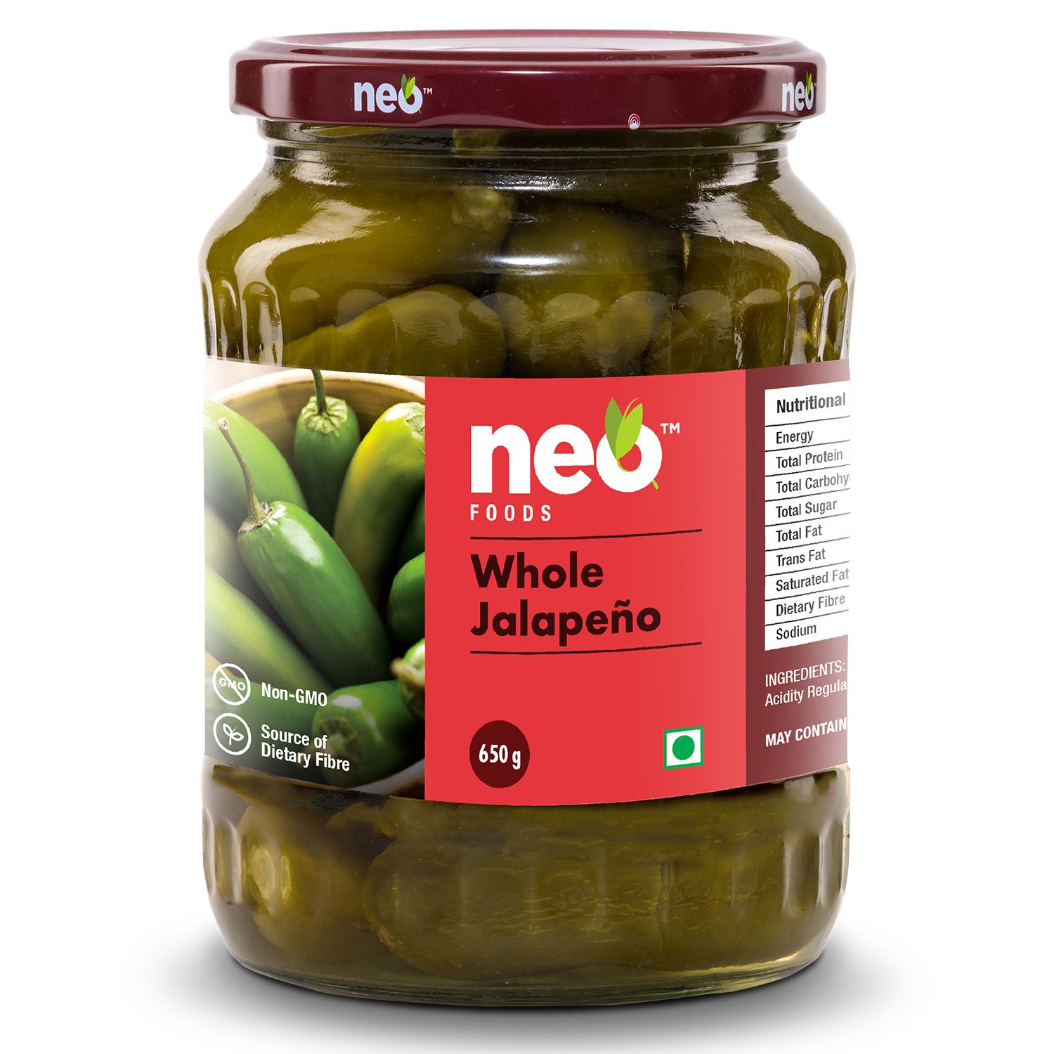Neo Whole Jalapenos 650g I 100% Vegan & Natural I Ready to Eat Fibre Rich I Topping for Snacks and Salads I Enjoy as filling for Wraps | Glass Jar |