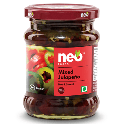 Neo Mixed Jalapenos Hot & Sweet 210g I 100% Vegan I Ready-to-Eat Fibre-Rich Topping for Snacks and Salads I Non-GMO | Glass Jar |
