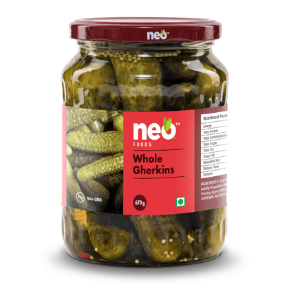Neo Whole Gherkins 670g I 100% Vegan I Low Fat Sweet and Crunchy Gherkins I Ready to Eat, Enjoy as Salad I No GMO | Glass Jar |