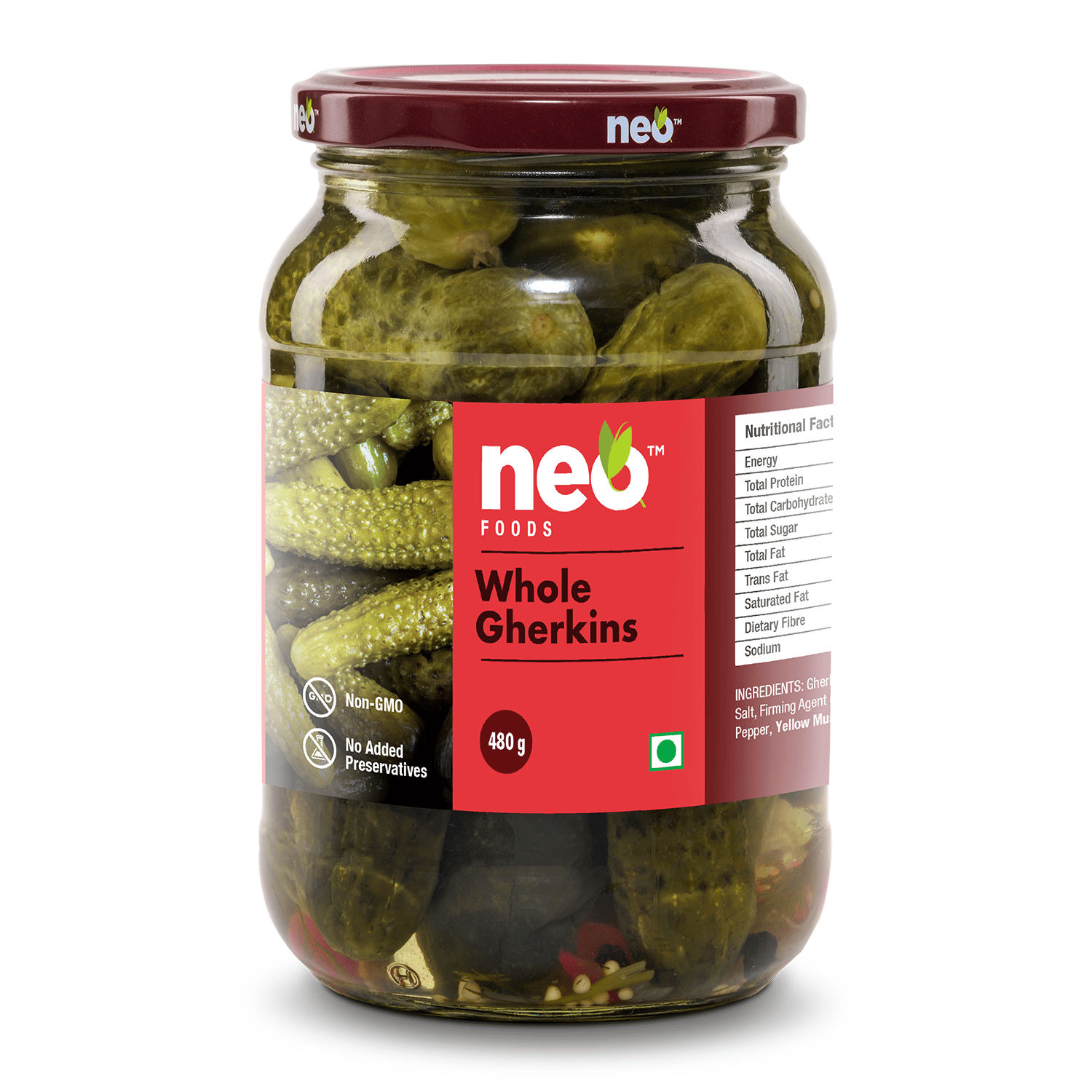 Neo Foods Whole Gherkins 480g I 100% Vegan I Low Fat Sweet and Crunchy Pickles I Ready to Eat I No GMO I Enjoy with Nachos I Make a Healthy Salad at home | Glass Jar |