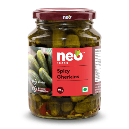Neo Spicy Gherkins 350g| 100% Vegan | No GMO I Low Fat Sweet and Crunchy Pickles, Ready to Eat I Enjoy as Salads | Glass Jar |