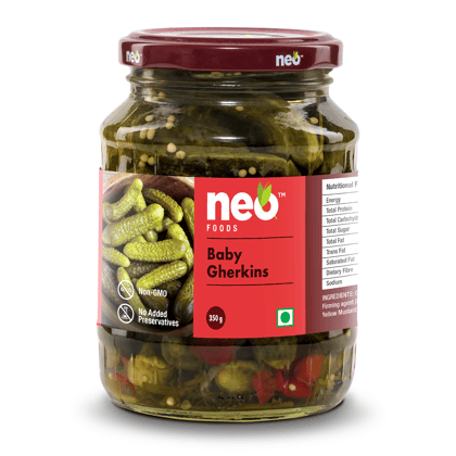 Neo Baby Gherkins 350g | 100% Vegan I Low Fat Sweet and Crunchy Pickles| Ready to Eat | No GMO I Enjoy with Nachos | Make a Healthy Salad at home | Glass Jar |