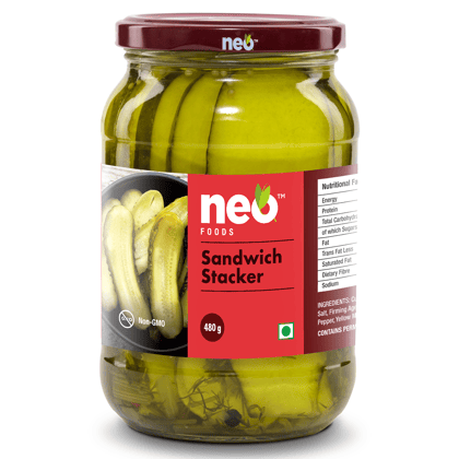 Neo Sandwich Stacker 480g| 100 % Vegan I Low Fat Sweet and Salty Gherkin Slices | Ready to Eat | No GMO I Make Burger, Sandwich and More | Glass Jar |