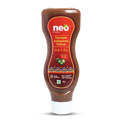 Neo Tomato Jalapeno Sauce 190g I 100% Vegan I Topping and Dip for Snacks, No Preservatives & Non-GMO, Sharp Spicy Flavour, Squeeze Bottle I Glass Jar |
