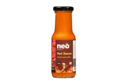 Neo Hot Sauce I Made of Ghost Peppers (Bhut Jolokia) I  Extra Spicy Chilli Sauce I Topping & Dip for Snacks, Mix with Cheese, Mayonnaise I Ready to Eat Food I Farm Fresh I 100% Vegan I 215g I Glass Jar |