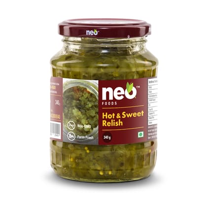Neo Hot and Sweet Relish 340g| 100% Vegan I Ready-to-Eat Fibre-Rich I Dip for Snacks, Mix in Salads I Use as Sandwich Spread, Chutney I Non-GMO | Healthy Food | Glass Jar |