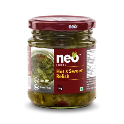 Neo Hot and Sweet Relish 190g| 100% Vegan I Ready-to-Eat Fibre-Rich I Dip for Snacks, Mix in Salads I Use as Sandwich Spread, Chutney I Non-GMO | Healthy Food | Glass Jar |