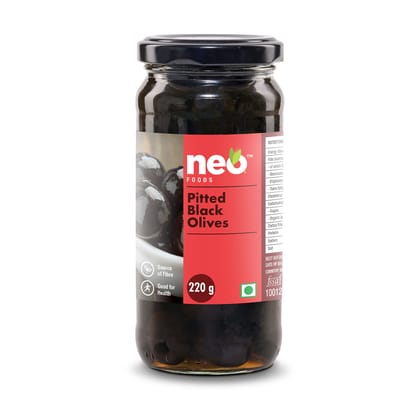 Neo Pitted Blacked Olives 220g | Low Fat Ready-to-Eat Healthy Snack, Source of Fibre l Enjoy as Topping for Pizza & Pasta | Glass Jar |