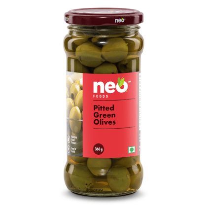 Neo Pitted Green Olives 360g | Low Fat Ready-to-Eat Healthy Snack, Source of Fibre, No Added Preservatives | Glass Jar |