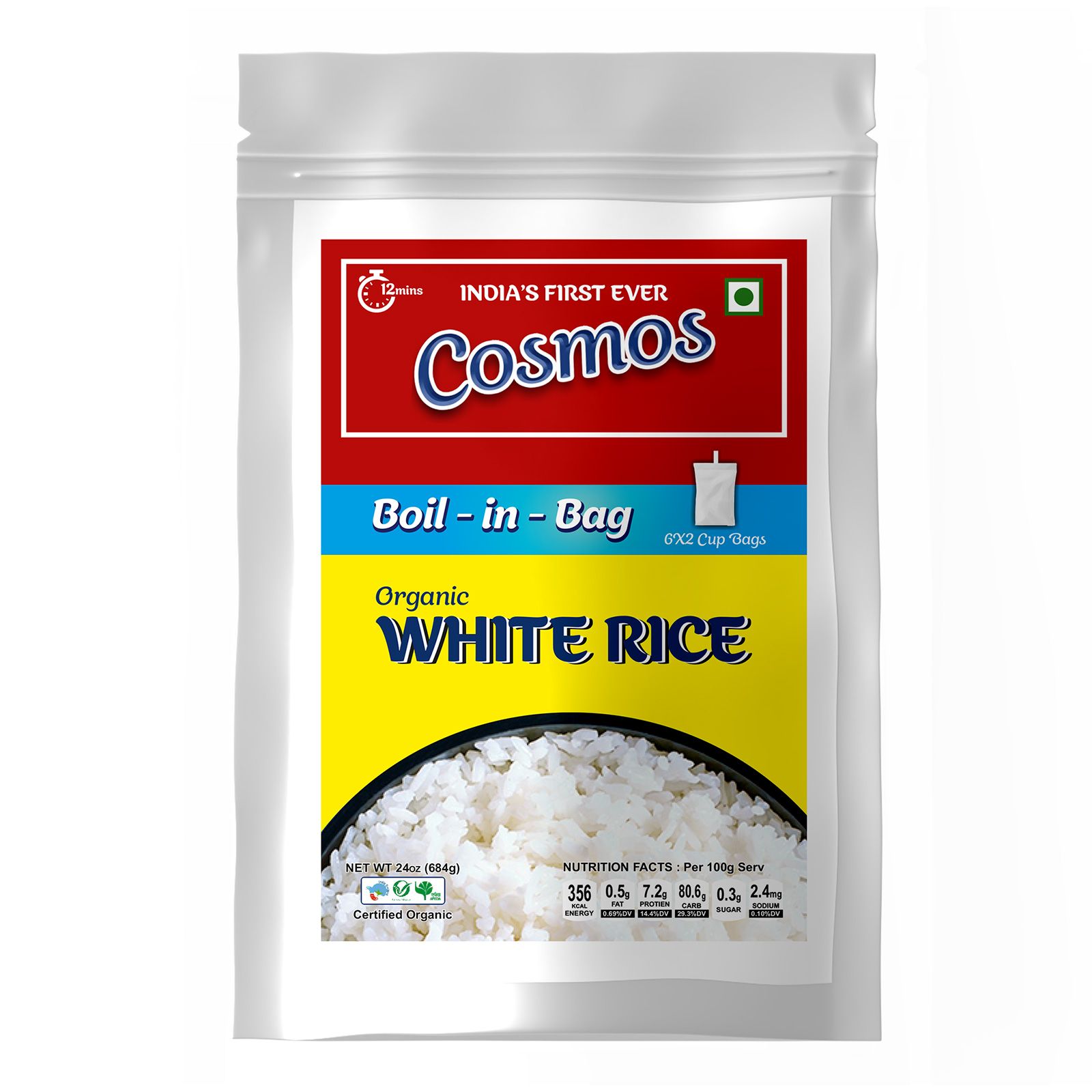 Cosmos Boil-in-Bag Organic White Rice (24oz) Ready-to-Cook Sona Masoori Premium