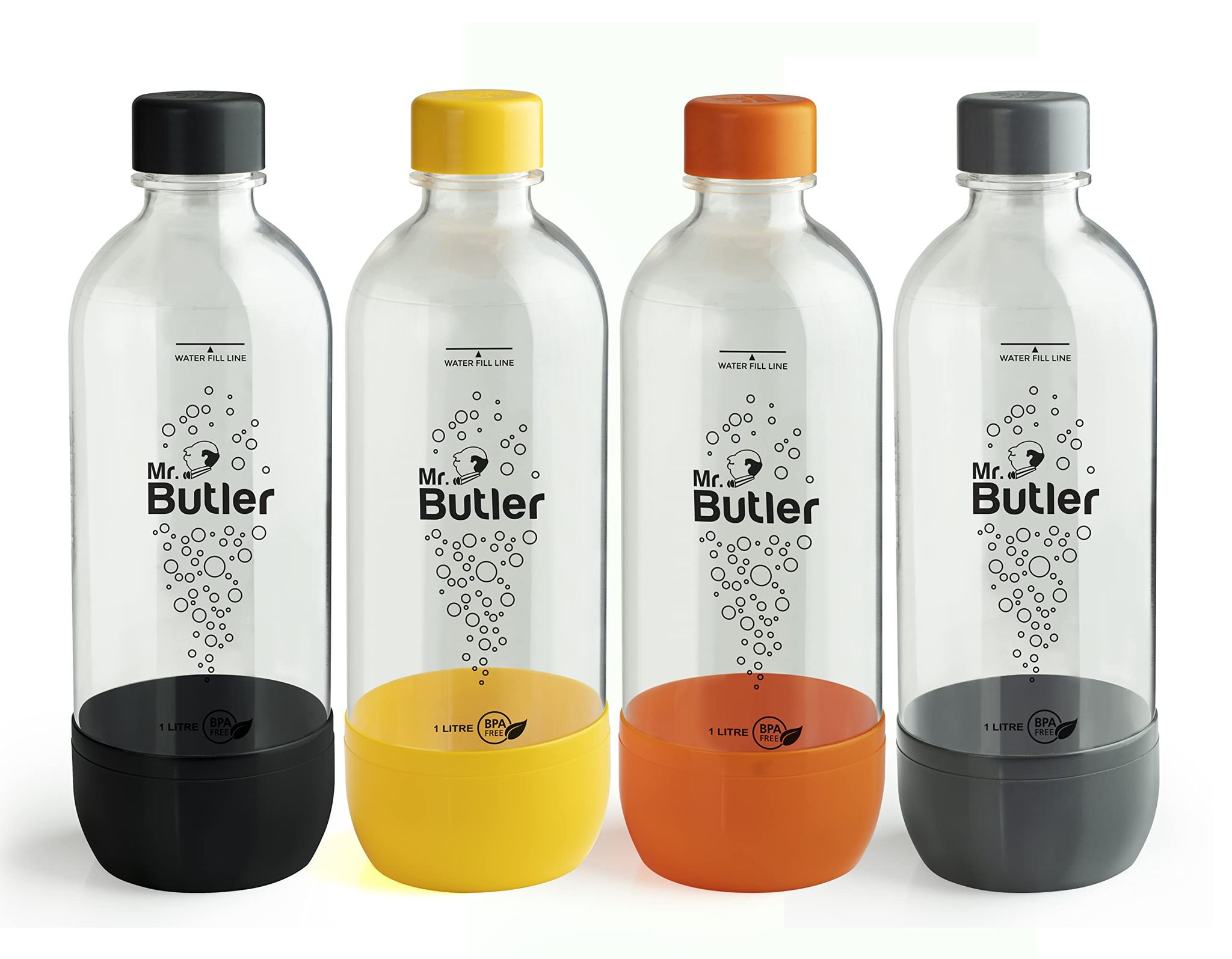 Mr. Butler BPA Free PET Bottle 1000 ml, Pack of 4 (Orange, Yellow, Grey, Black)