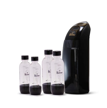 Mr. Butler Italia Soda Maker Black Jumbo Pack with 2 cylinders and 4 PET Bottles