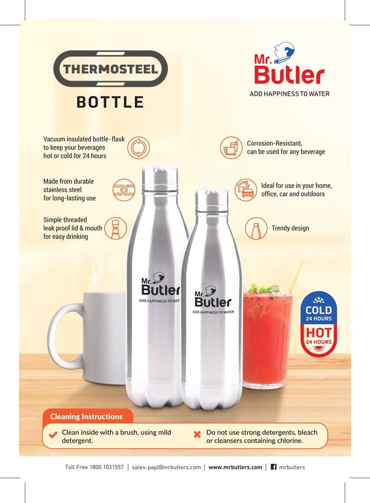 Mr. Butler Thermosteel Bottle 750ml, Vacuum Insulated, Cold/Hot, Silver