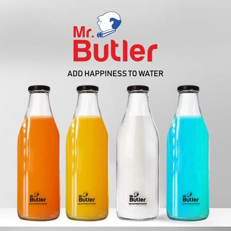 Mr. Butler Glass Bottle with Extra Caps, 1 Litre, Pack of 4, Clear