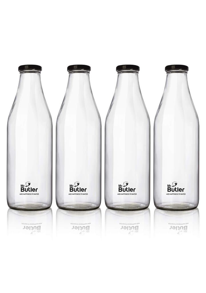 Mr. Butler Glass Bottle with Extra Caps, 1 Litre, Pack of 4, Clear