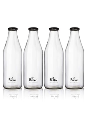 Mr. Butler Glass Bottle with Extra Caps, 1 Litre, Pack of 4, Clear