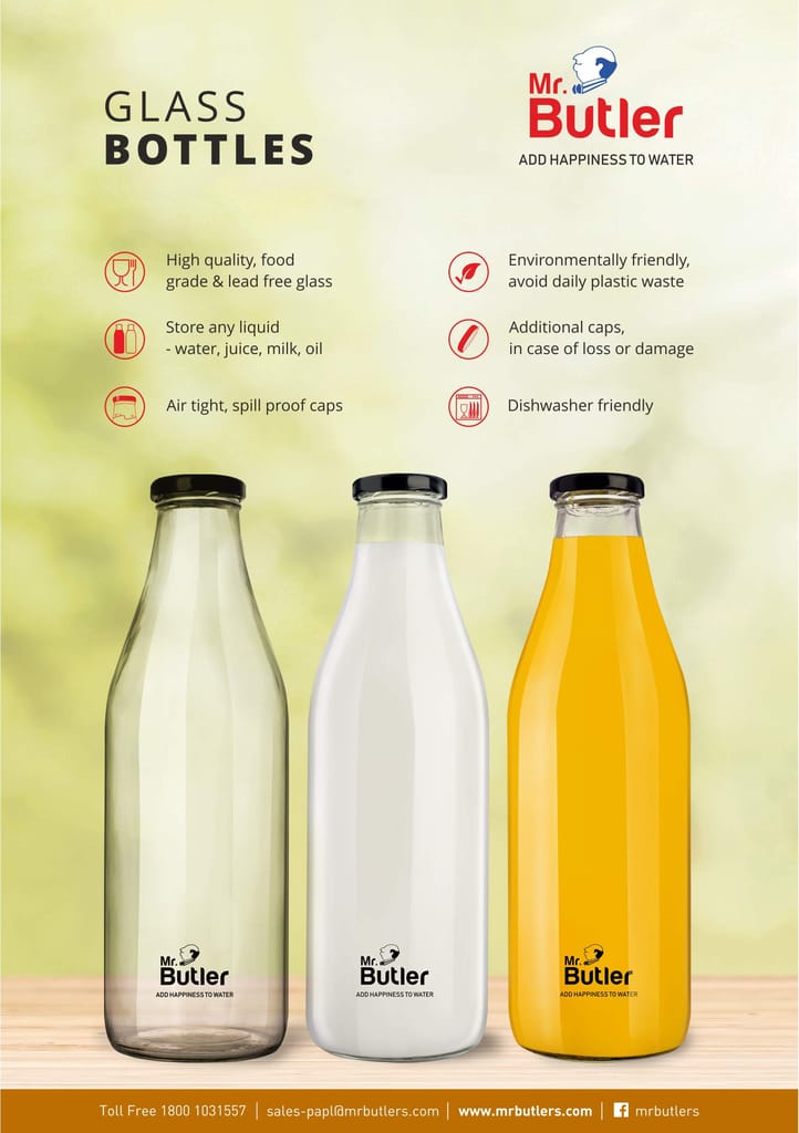 Mr. Butler Glass Bottle with Extra Caps, 1 Litre, Pack of 4, Clear