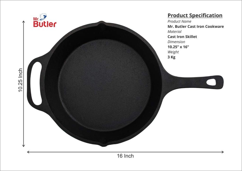 Mr. Butler Natural Pre-Seasoned Cast Iron Heavy Duty Skillet | Pan for Deep Fry | Induction & Oven Friendly Cookware | 10.25 Inch, 2 L Capacity, Black