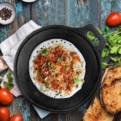 Mr. Butler Natural Pre-Seasoned Cast Iron Tawa| Roti, Chapati, Dosa Kallu Tava| Induction Friendly|Non-Stick, 11 Inch, Black