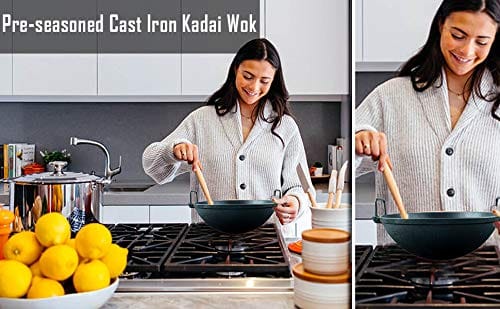 Mr. Butler Natural Pre-Seasoned Cast Iron Kadai/Wok, Deep Fry Cookware, Induction & Oven Friendly, Non-Stick, Healthy, 11 Inch, 3 L Capacity, Black