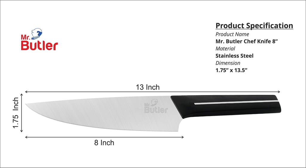Mr. Butler Premium High-Carbon Stainless Steel Chef Knife, Corrosion Resistant, Silver