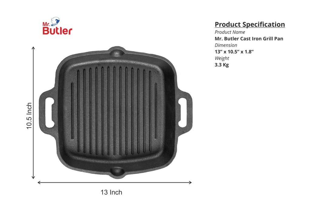 Mr. Butler Natural Pre-Seasoned Cast Iron Double Handle Grill Pan|Barbeque, Tandoori, Shallow Fry Cookware| 10.25 Inch, 0.5 L Capacity, Black