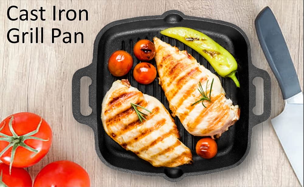 Mr. Butler Natural Pre-Seasoned Cast Iron Double Handle Grill Pan|Barbeque, Tandoori, Shallow Fry Cookware| 10.25 Inch, 0.5 L Capacity, Black