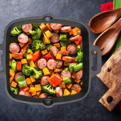 Mr. Butler Natural Pre-Seasoned Cast Iron Double Handle Grill Pan|Barbeque, Tandoori, Shallow Fry Cookware| 10.25 Inch, 0.5 L Capacity, Black