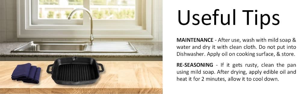 Mr. Butler Natural Pre-Seasoned Cast Iron Double Handle Grill Pan|Barbeque, Tandoori, Shallow Fry Cookware| 10.25 Inch, 0.5 L Capacity, Black