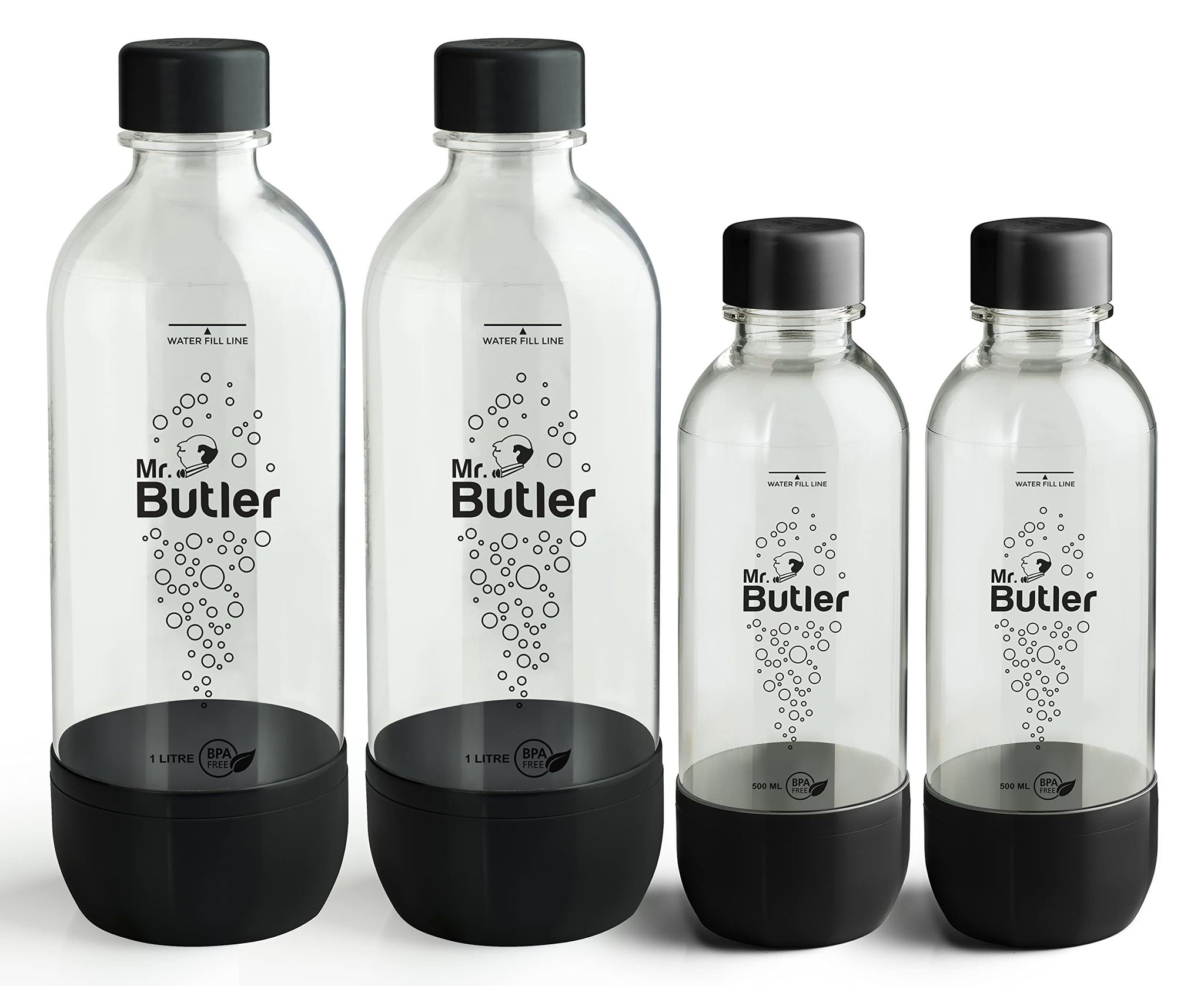 Mr. Butler BPA Free PET Bottle Combo Pack, 1000 ml & 500 ml, Pack of 4, Black
