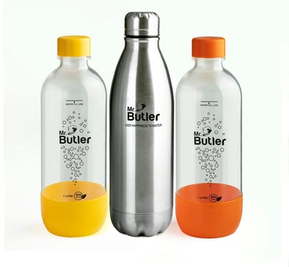 Mr. Butler Thermosteel & PET Bottle Combo - PET Bottle 1000 ml & Thermosteel Classic 750 ml, Pack of 3, Black & Silver