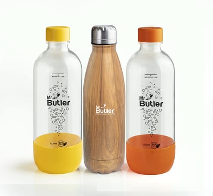 Mr. Butler Thermos & PET Bottle Combo - PET Bottle 1000 ml & Thermosteel Woodoo 500 ml, Pack of 3, Black & Oak