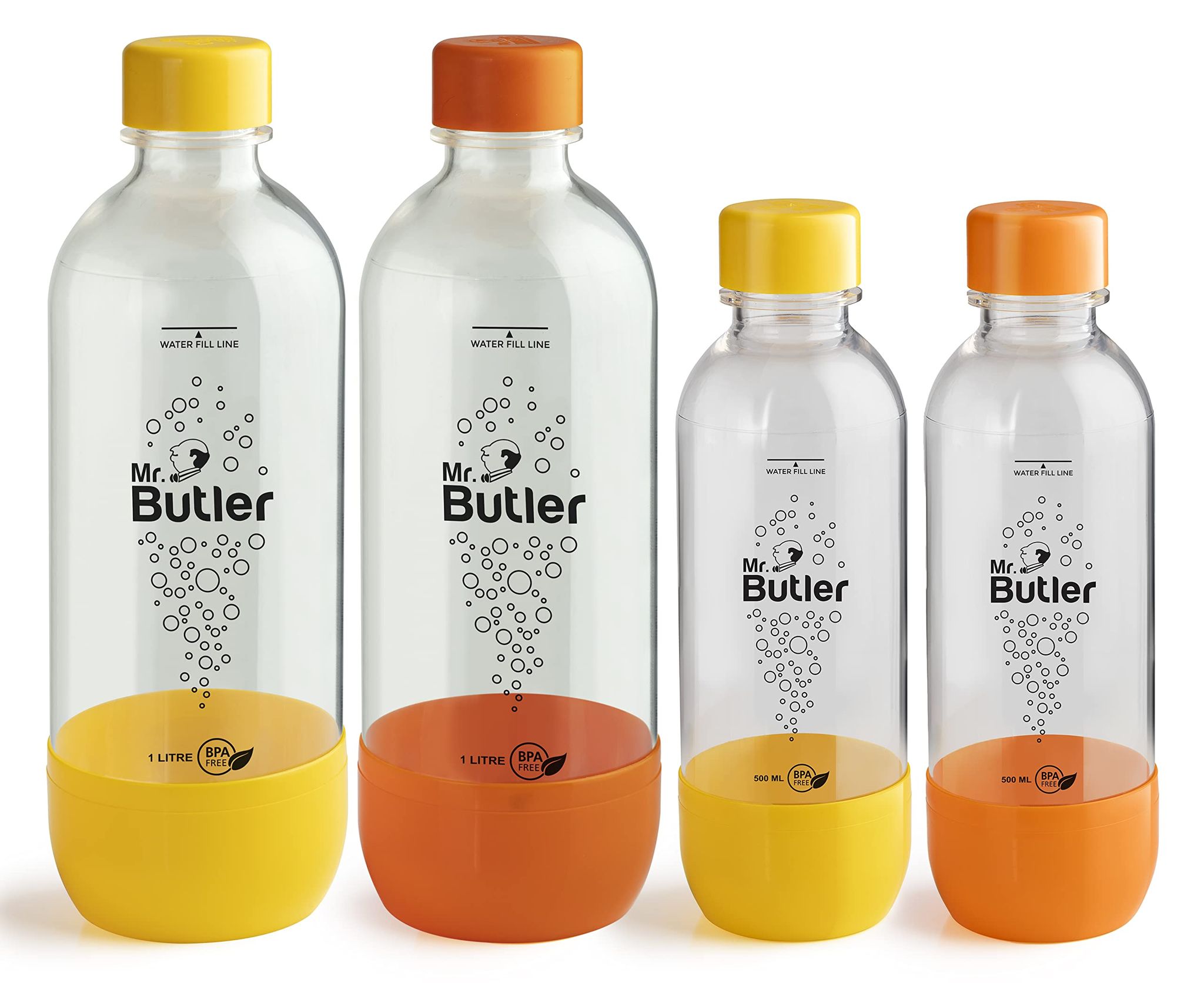 Mr. Butler BPA Free PET Bottle Combo Pack, 1000 ml & 500 ml, Pack of 4, Orange & Yellow