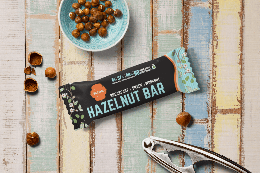 9GRAMS Energy Bar | Wholegrains and nuts | No added Sugar | No Preservatives | 50gms each (Hazelnut(pack of 4)