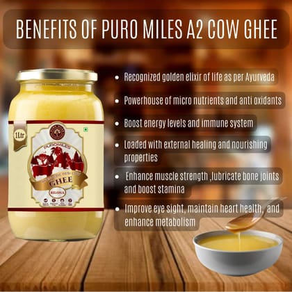 Puro Miles A2 Bilona Ghee-500mL | Pure Desi Premium Ghee from Kankrej Cow |Curd Churned | Organic & Natural | Forest Grass Fed Cultured Ghee