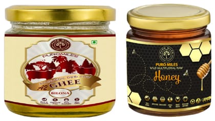 Puro Miles Superfood Combo | A2 Bilona Cow Ghee | Raw Honey | Organic & Natural Superfood | Immunity Booster (220ml_250gm)