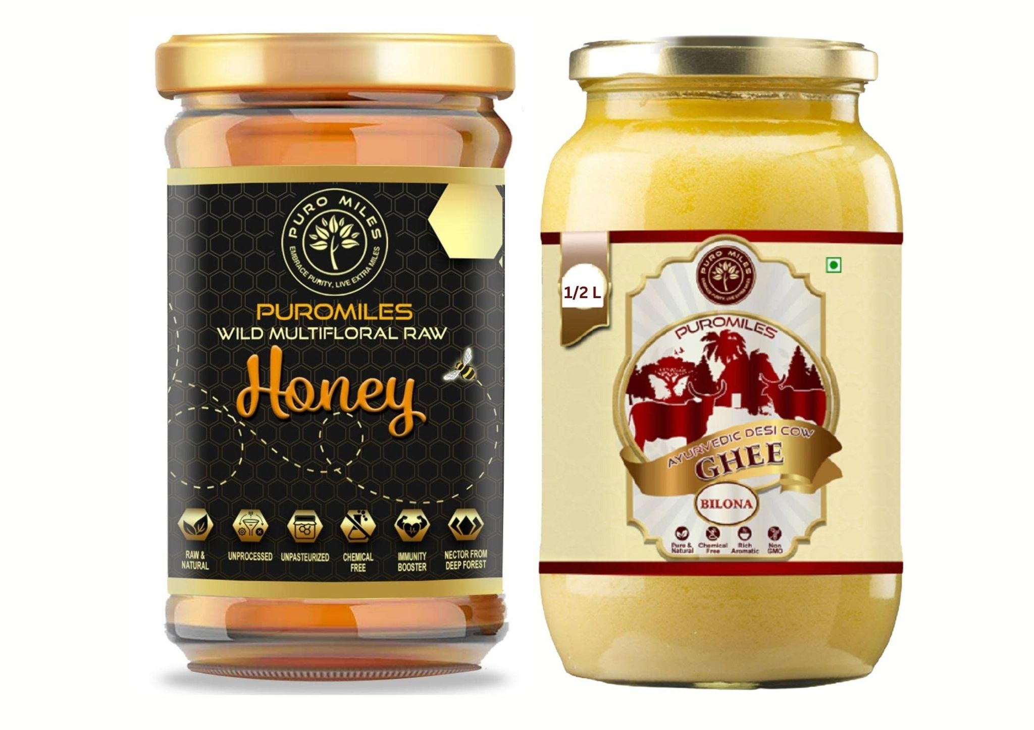Puro Miles Superfood Combo | A2 Bilona Cow Ghee | Raw Honey | Organic & Natural Superfood | Immunity Booster (500ml_500gm)