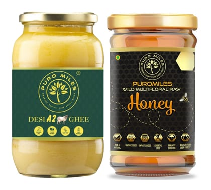 Puro Miles Wellness A2 Cow Ghee & Pure Honey | Puro Miles Combo of A2 Cow Ghee 500ml and Raw Unprocessed Wild Forest Honey 500gm Pure Organic & Natural desi honey and ghee combo