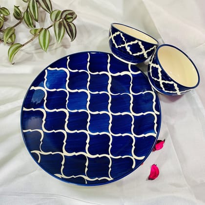 Homefrills Stoneware Blue Moroccan Hand-Painted Full Size Ceramic Dinner Plate/ Thali with 2 Katoris/ Ceramic Bowl(3 Pieces set, Serving for 1,Dishwasher Safe,Microwave Safe)Colour- Blue