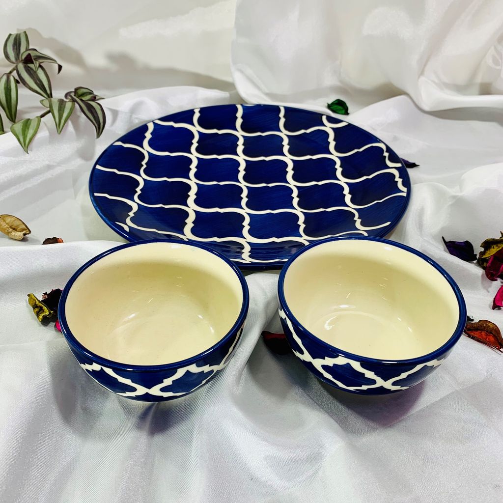 Homefrills Stoneware Blue Moroccan Hand-Painted Full Size Ceramic Dinner Plate/ Thali with 2 Katoris/ Ceramic Bowl(3 Pieces set, Serving for 1,Dishwasher Safe,Microwave Safe)Colour- Blue