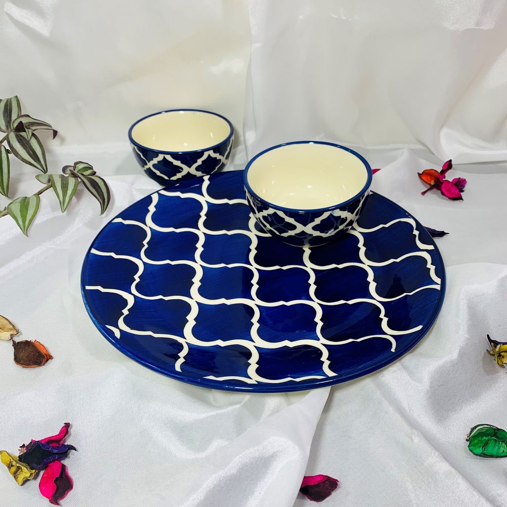 Homefrills Stoneware Blue Moroccan Hand-Painted Full Size Ceramic Dinner Plate/ Thali with 2 Katoris/ Ceramic Bowl(3 Pieces set, Serving for 1,Dishwasher Safe,Microwave Safe)Colour- Blue