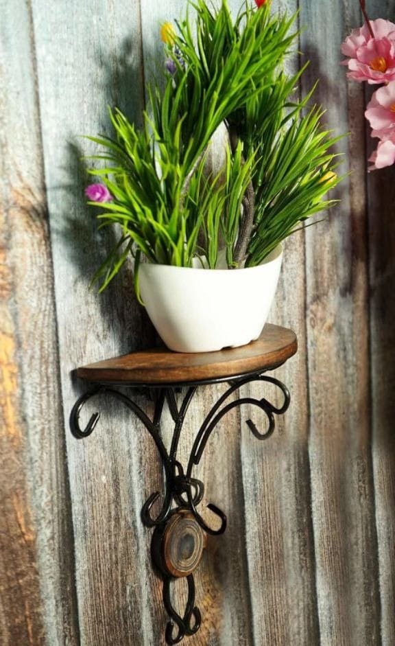 Homefrills Wooden and Wrought Iron Wall Mounted Bracket Fancy Shelf for Indoor & Outdoor Living Room Photo Frame, Flower Pot, WiFi etc Size-20 * 25 cm(Pack of 1)