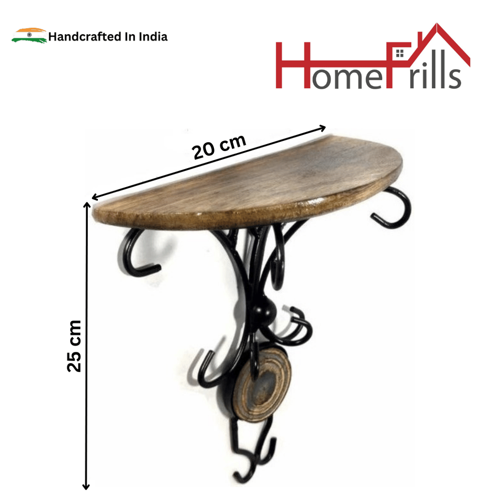 Homefrills Wooden and Wrought Iron Wall Mounted Bracket Fancy Shelf for Indoor & Outdoor Living Room Photo Frame, Flower Pot, WiFi etc Size-20 * 25 cm(Pack of 1)