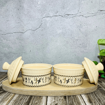 Homefrills Handpainted Multi-Utility Storage Ceramic Jars & Containers with Lid Ceramic Jars for Kitchen& Dining Table Storage Snacks/butter Jar Set of 2(2 jars with Lid) Colour-Ivory