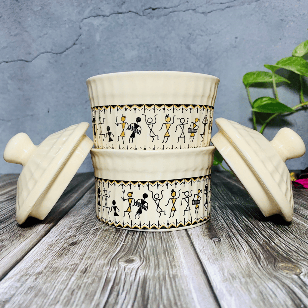 Homefrills Handpainted Multi-Utility Storage Ceramic Jars & Containers with Lid Ceramic Jars for Kitchen& Dining Table Storage Snacks/butter Jar Set of 2(2 jars with Lid) Colour-Ivory