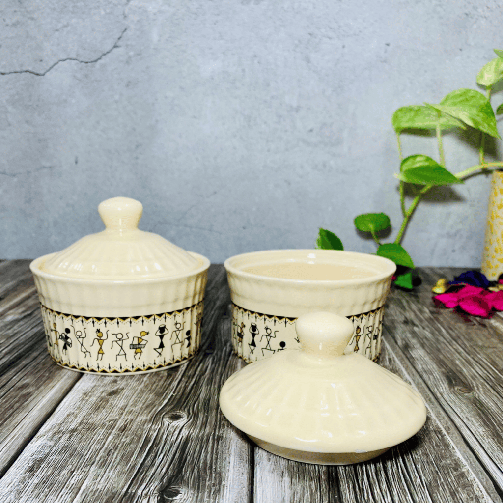 Homefrills Handpainted Multi-Utility Storage Ceramic Jars & Containers with Lid Ceramic Jars for Kitchen& Dining Table Storage Snacks/butter Jar Set of 2(2 jars with Lid) Colour-Ivory