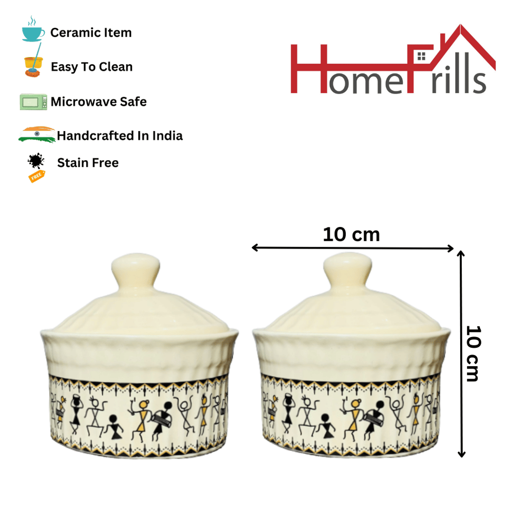 Homefrills Handpainted Multi-Utility Storage Ceramic Jars & Containers with Lid Ceramic Jars for Kitchen& Dining Table Storage Snacks/butter Jar Set of 2(2 jars with Lid) Colour-Ivory