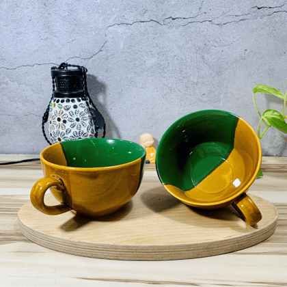 Homefrills Ceramic Glossy Finish Large Coffee Mugs/Soup Mugs/Cereal Bowls Set of Two Glossy Finish Suitable for Coffee, Tea, Juice, Cappuccino, Soup,Milk etc. (275ml) Set of 2 (Colour-Green & Yellow)