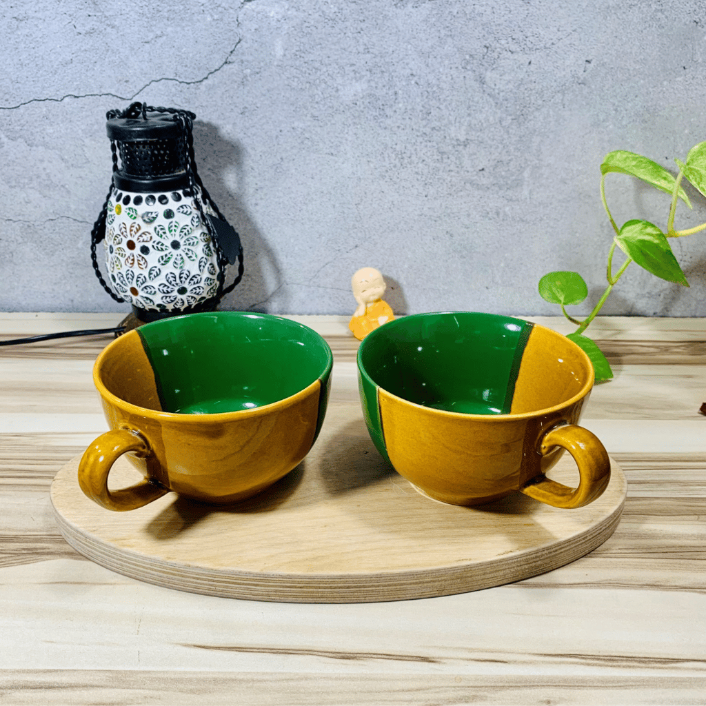 Homefrills Ceramic Glossy Finish Large Coffee Mugs/Soup Mugs/Cereal Bowls Set of Two Glossy Finish Suitable for Coffee, Tea, Juice, Cappuccino, Soup,Milk etc. (275ml) Set of 2 (Colour-Green & Yellow)